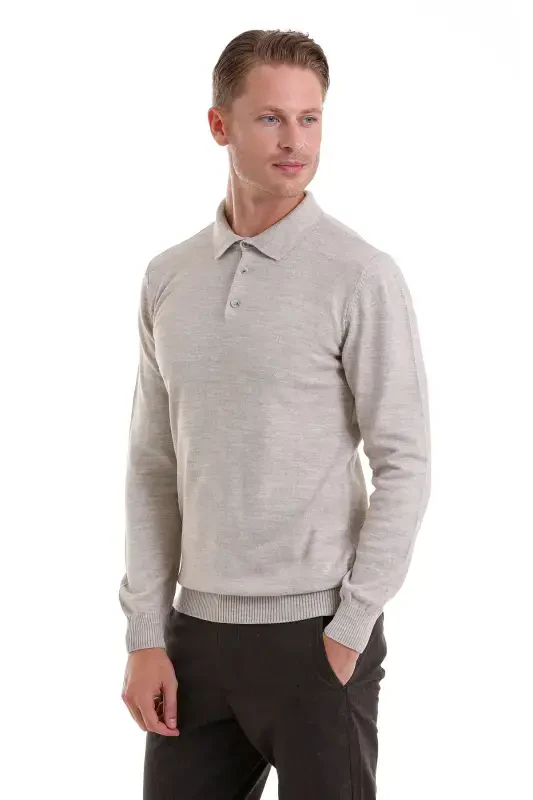 Beige Regular Fit Plain Polo Neck Knit Sweater-Beige - 4
