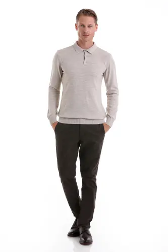 Beige Regular Fit Plain Polo Neck Knit Sweater-Beige - HATEMOĞLU (1)