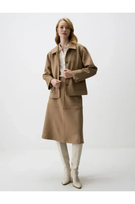 Beige Relaxed Fit Knit Velvet Midi Skirt - 1