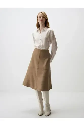 Beige Relaxed Fit Knit Velvet Midi Skirt - 4