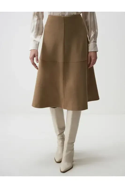 Beige Relaxed Fit Knit Velvet Midi Skirt - 5