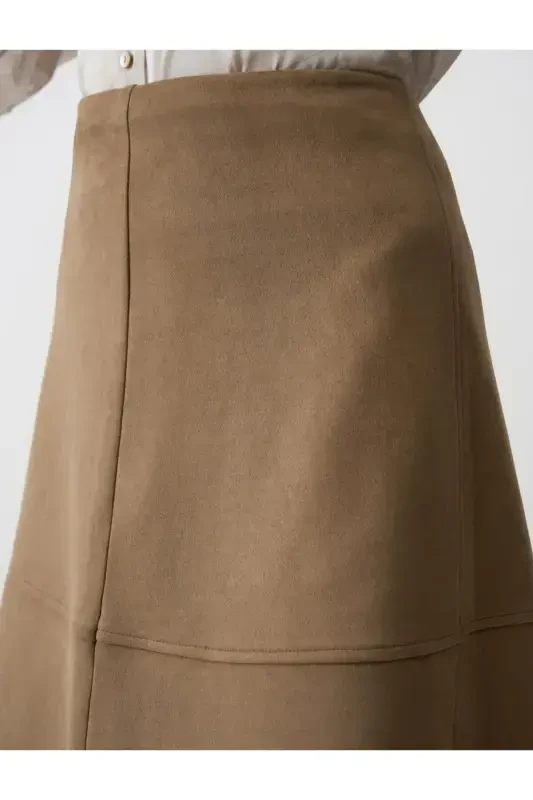 Beige Relaxed Fit Knit Velvet Midi Skirt - 6