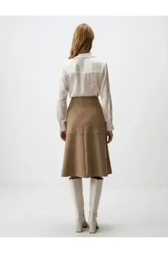 Beige Relaxed Fit Knit Velvet Midi Skirt - 7