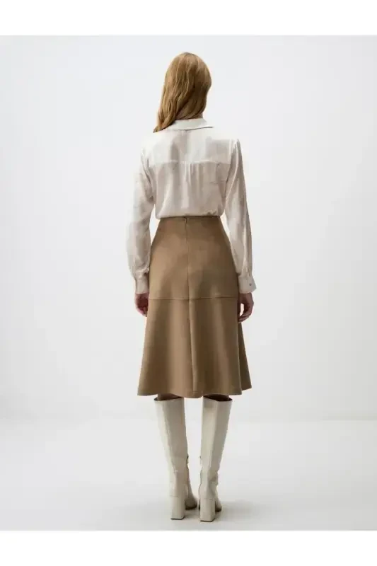 Beige Relaxed Fit Knit Velvet Midi Skirt - 7