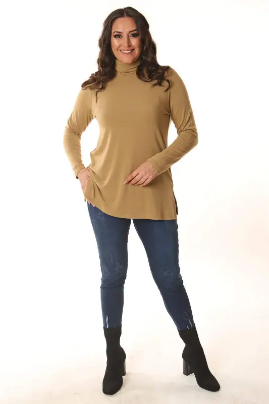 Beige Ribbed Turtleneck - 1