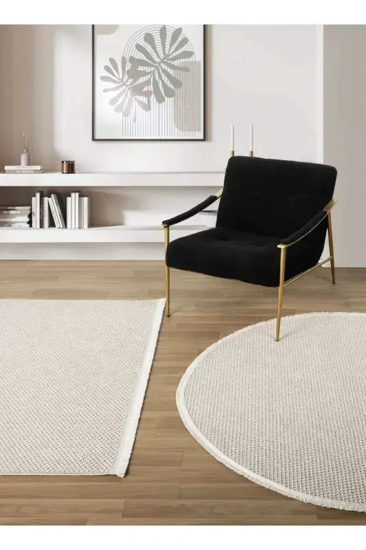 Beige Round Washable Rug Living Room Kitchen Hallway Runner Woven Machine Carpet 0012 DAİRE-Beige 6 - 4