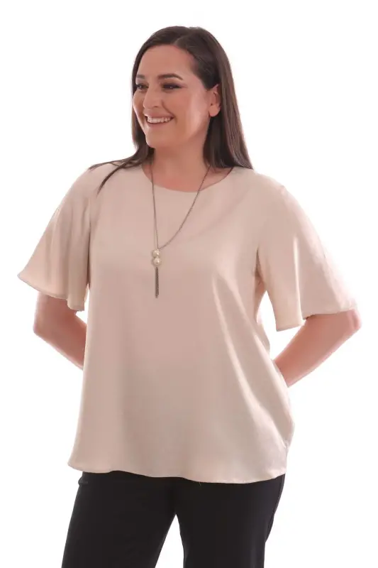 Beige Short Sleeve Patterned Blouse - BÜYÜKBEDENIZ