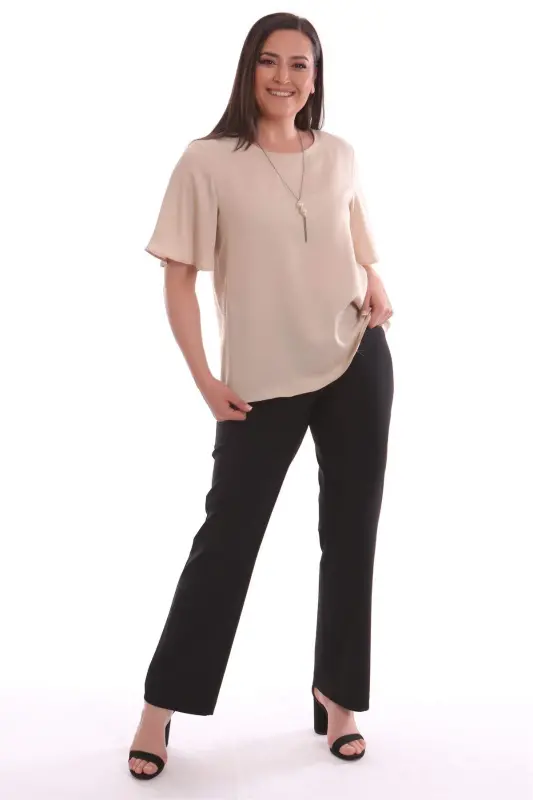 Beige Short Sleeve Patterned Blouse - 2