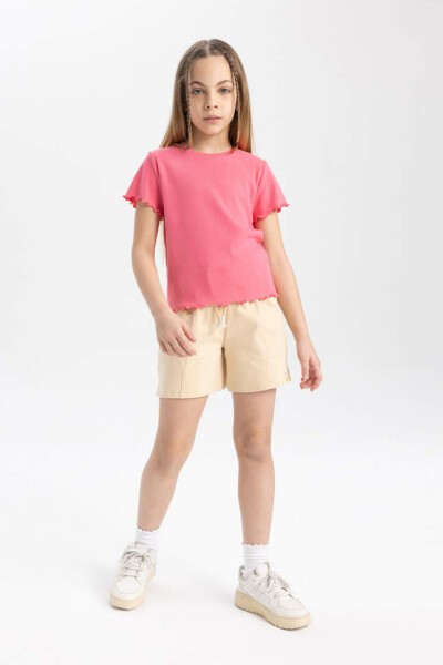 Beige Shorts with Pockets and Woven Label for Girls - 1