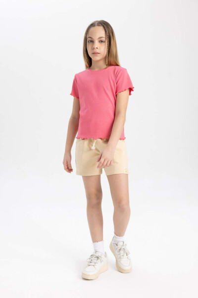 Beige Shorts with Pockets and Woven Label for Girls - 2