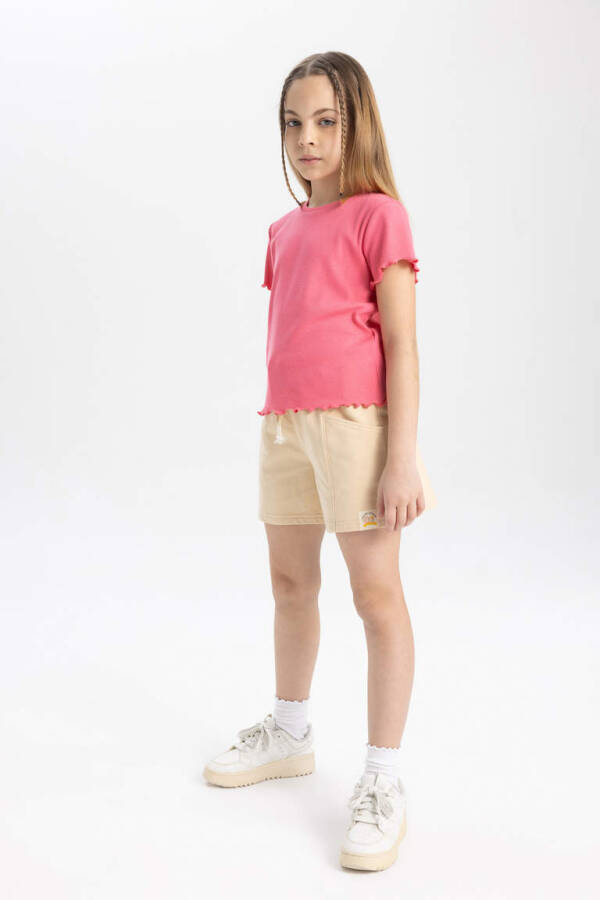 Beige Shorts with Pockets and Woven Label for Girls - 3