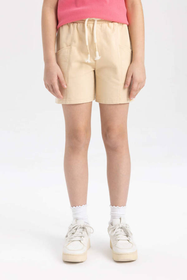 Beige Shorts with Pockets and Woven Label for Girls - 4