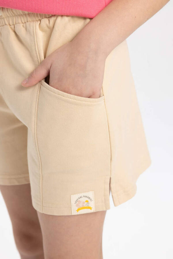 Beige Shorts with Pockets and Woven Label for Girls - 5