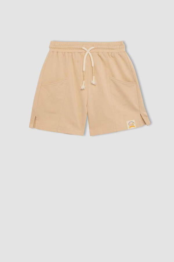 Beige Shorts with Pockets and Woven Label for Girls - 7