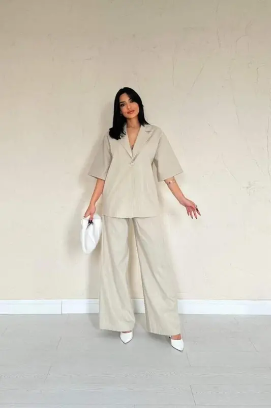 Beige Single Button Jacket and Trousers Set - BÜYÜKBEDENIZ