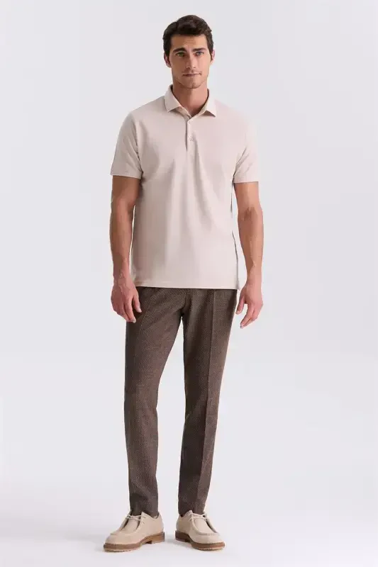 Beige Slim Fit 100% Cotton Mercerized Polo Neck T-shirt - 2