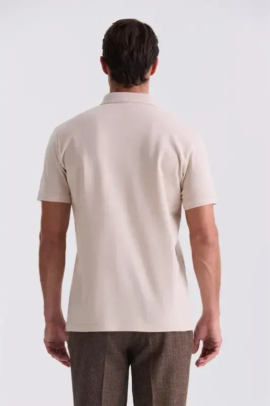 Beige Slim Fit 100% Cotton Mercerized Polo Neck T-shirt - 4
