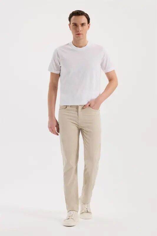 Beige Slim Fit 5-Pocket Sports Trousers - JAKAMEN