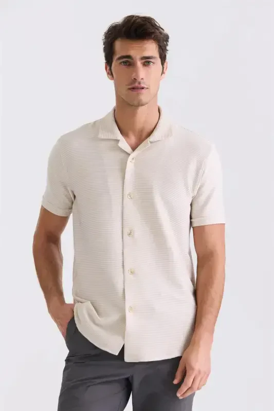 Beige Slim Fit Button Down Detail T-Shirt - 4