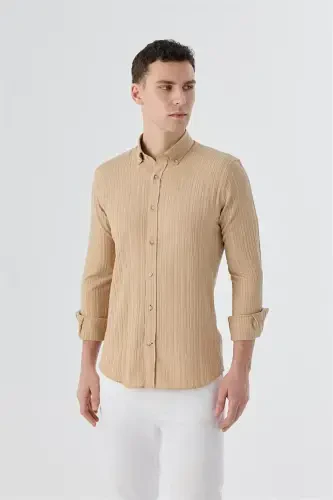 Beige Slim Fit Button-Down Linen Blend Patterned Shirt - Modazone (1)