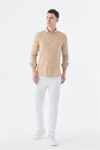 Beige Slim Fit Button-Down Linen Blend Patterned Shirt - Modazone (1)