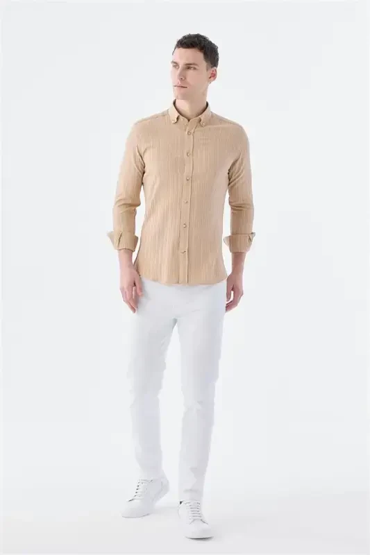 Beige Slim Fit Button-Down Linen Blend Patterned Shirt - 2
