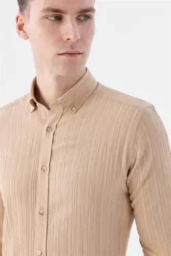 Beige Slim Fit Button-Down Linen Blend Patterned Shirt - 3