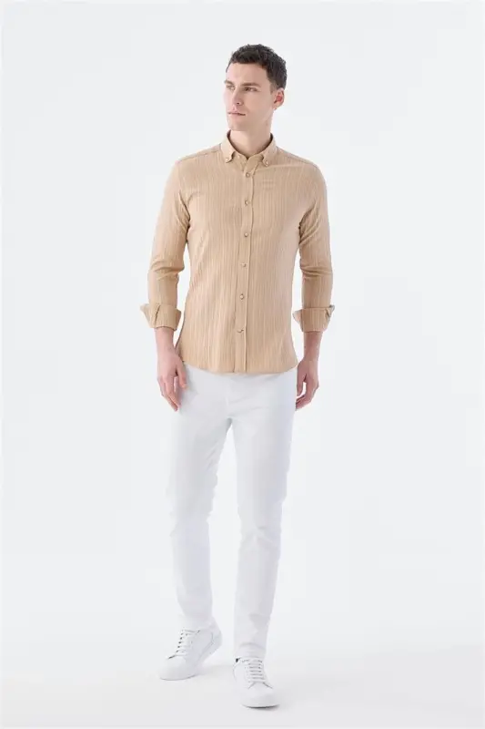 Beige Slim Fit Button-Down Linen Blend Patterned Shirt - 2