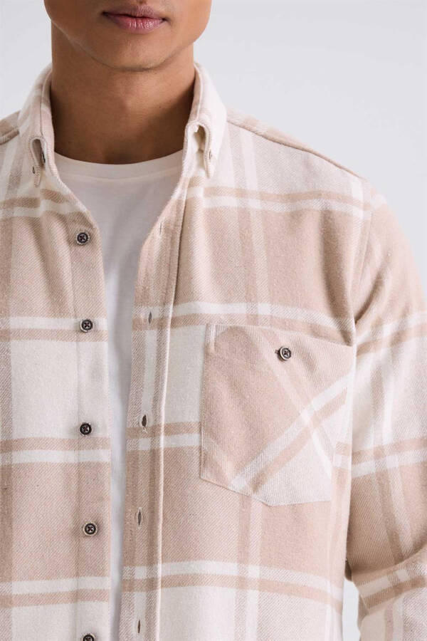 Beige Slim Fit Button-Down Plaid Shirt - 3