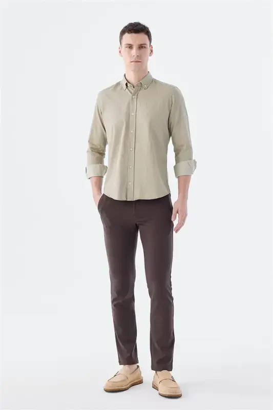 Beige Slim Fit Button-Down Pocket Shirt, 100% Cotton - 2