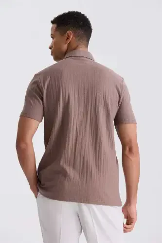 Beige Slim Fit Button-Up Collar T-Shirt - 4