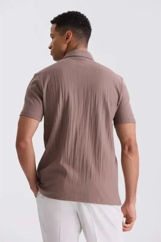 Beige Slim Fit Button-Up Collar T-Shirt - 4