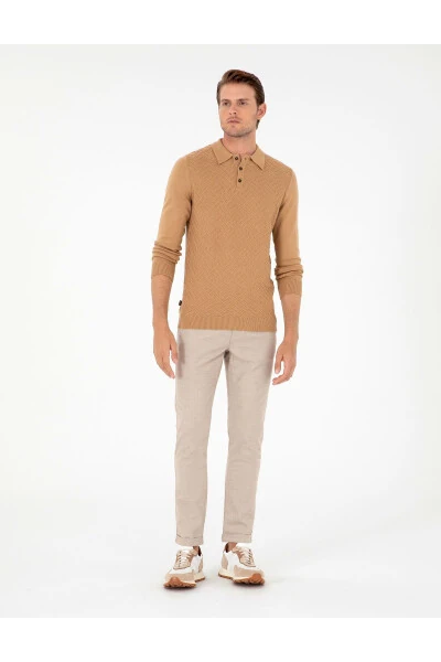 Beige Slim Fit Canvas Pants - PIERRE CARDIN