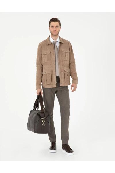 Beige Slim Fit Canvas Trousers - PIERRE CARDIN