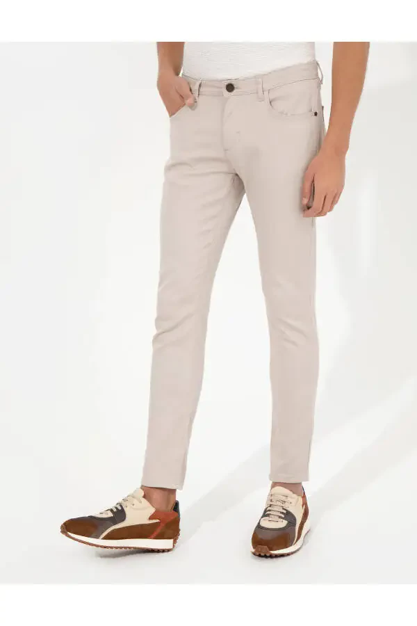 Beige Slim Fit Canvas Trousers - 2