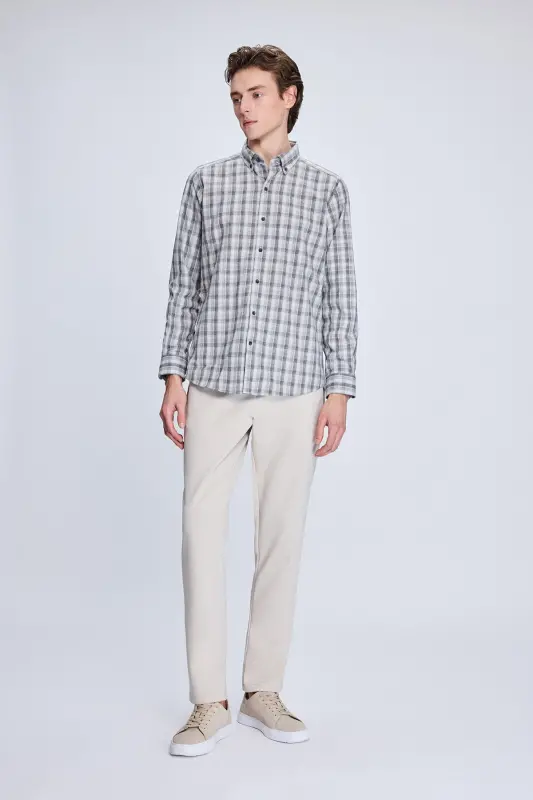 Beige Slim Fit Checkered Button-Down Collar Long Sleeve Cotton - 2