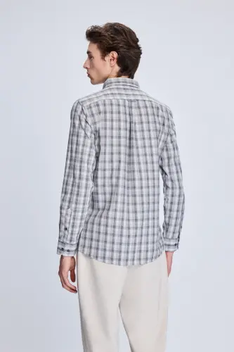 Beige Slim Fit Checkered Button-Down Collar Long Sleeve Cotton - 5