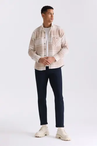 Beige Slim Fit Collar Button Down Plaid Shirt - JAKAMEN (1)