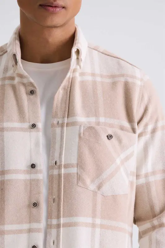 Beige Slim Fit Collar Button Down Plaid Shirt - 4