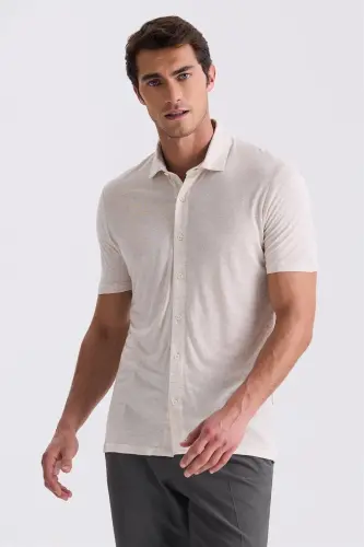Beige Slim Fit Collar T-Shirt - 1