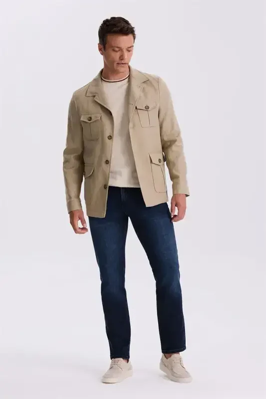 Beige Slim Fit Cotton Linen Safari Jacket with Pockets - 1