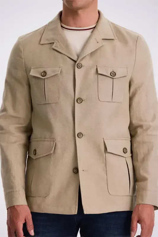 Beige Slim Fit Cotton Linen Safari Jacket with Pockets - 3