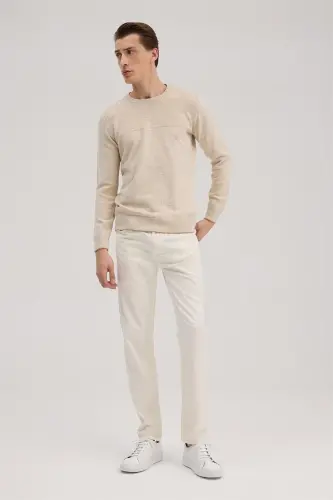 Beige Slim Fit Crew Neck Knit - JAKAMEN (1)