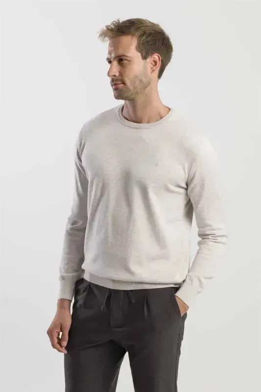 Beige Slim Fit Crew Neck Knitted Sweater - 3