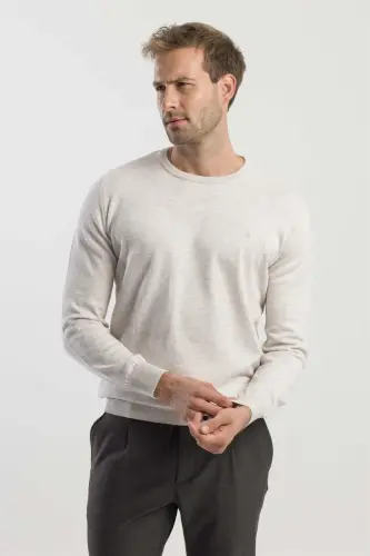 Beige Slim Fit Crew Neck Knitted Sweater - 2