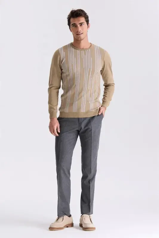 Beige Slim Fit Crew Neck Patterned Knitwear - 2