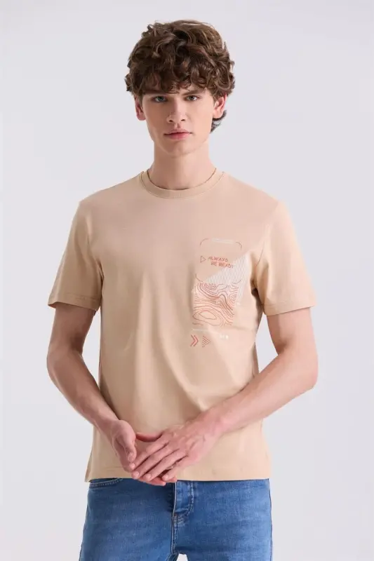 Beige Slim Fit Crew Neck T-Shirt - 1