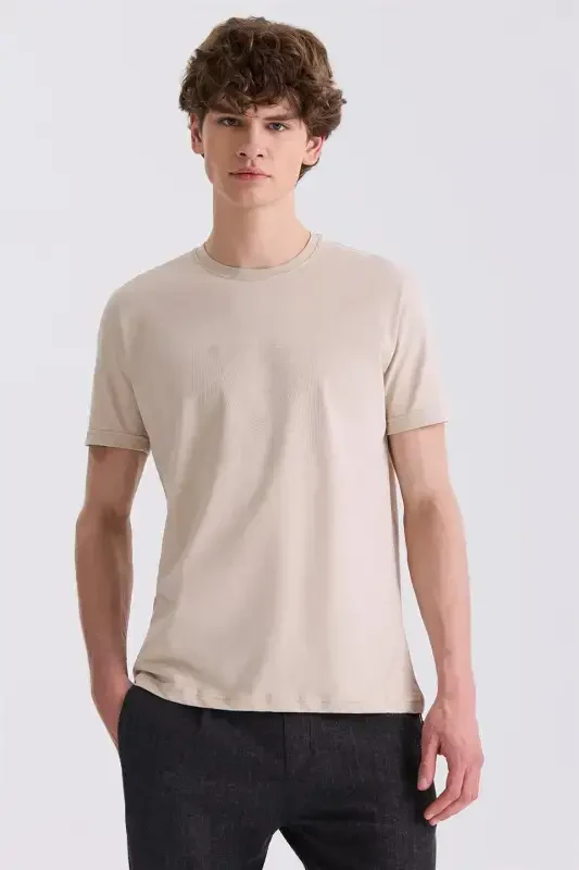 Beige Slim Fit Crew Neck T-Shirt - Modazone