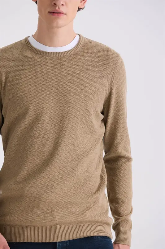 Beige Slim Fit Cycling Neck Patterned Pullover - 3