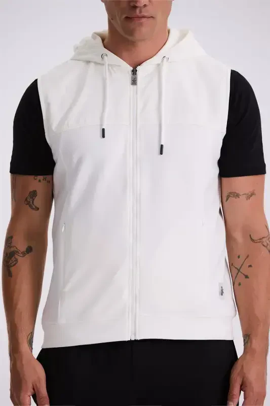 Beige Slim Fit Hooded Cotton Lycra Vest - 3